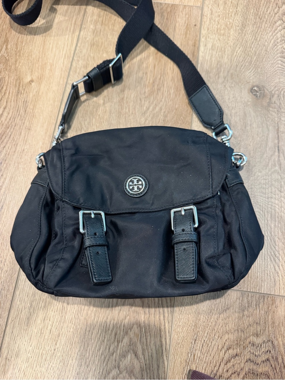 Tory Burch Black Nylon Crossbody Bag with Buckle Accents